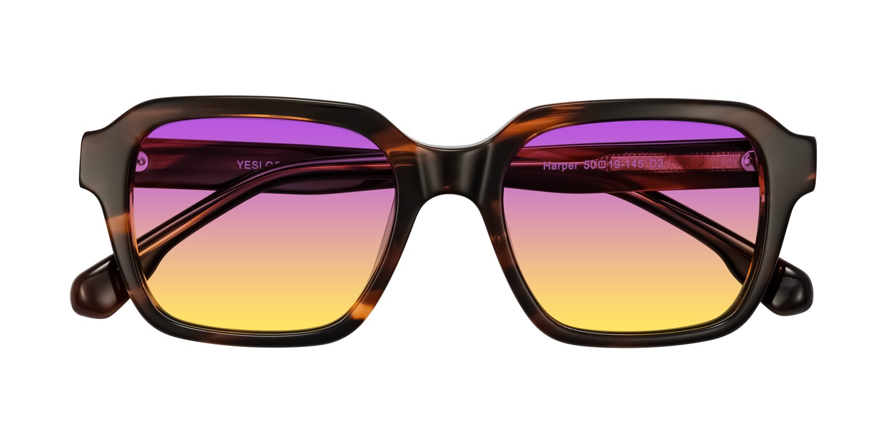 Folded Front of Harper in Brown Striped with Purple / Yellow Gradient Lenses