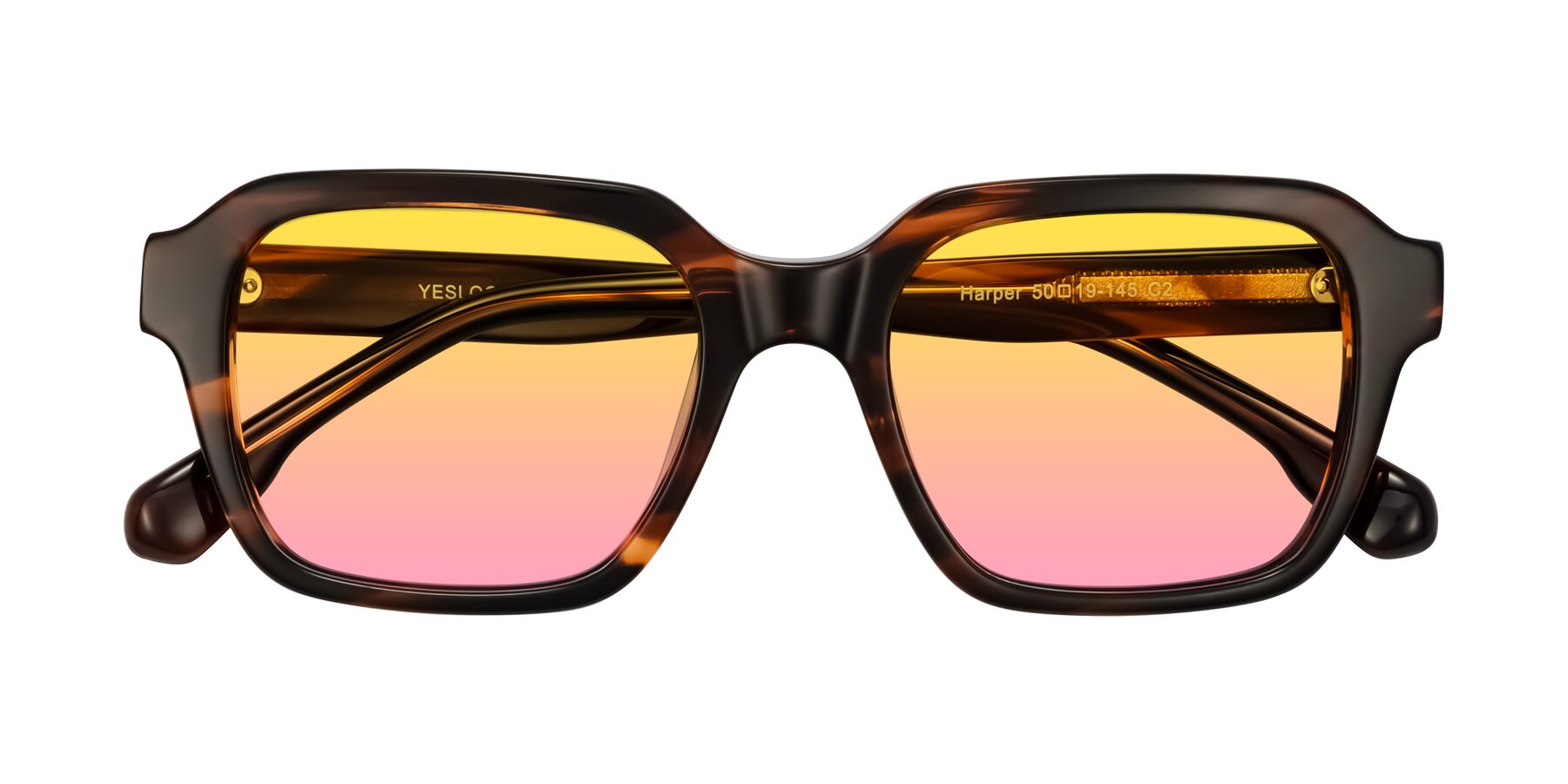 Folded Front of Harper in Brown Striped with Yellow / Pink Gradient Lenses