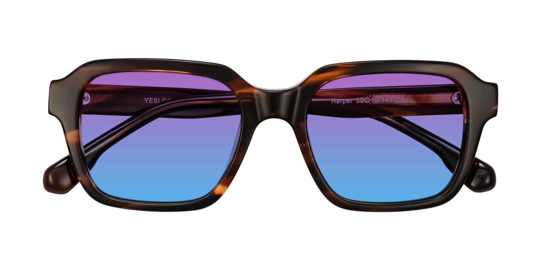 Folded Front of Harper in Brown Striped with Purple / Blue Gradient Lenses