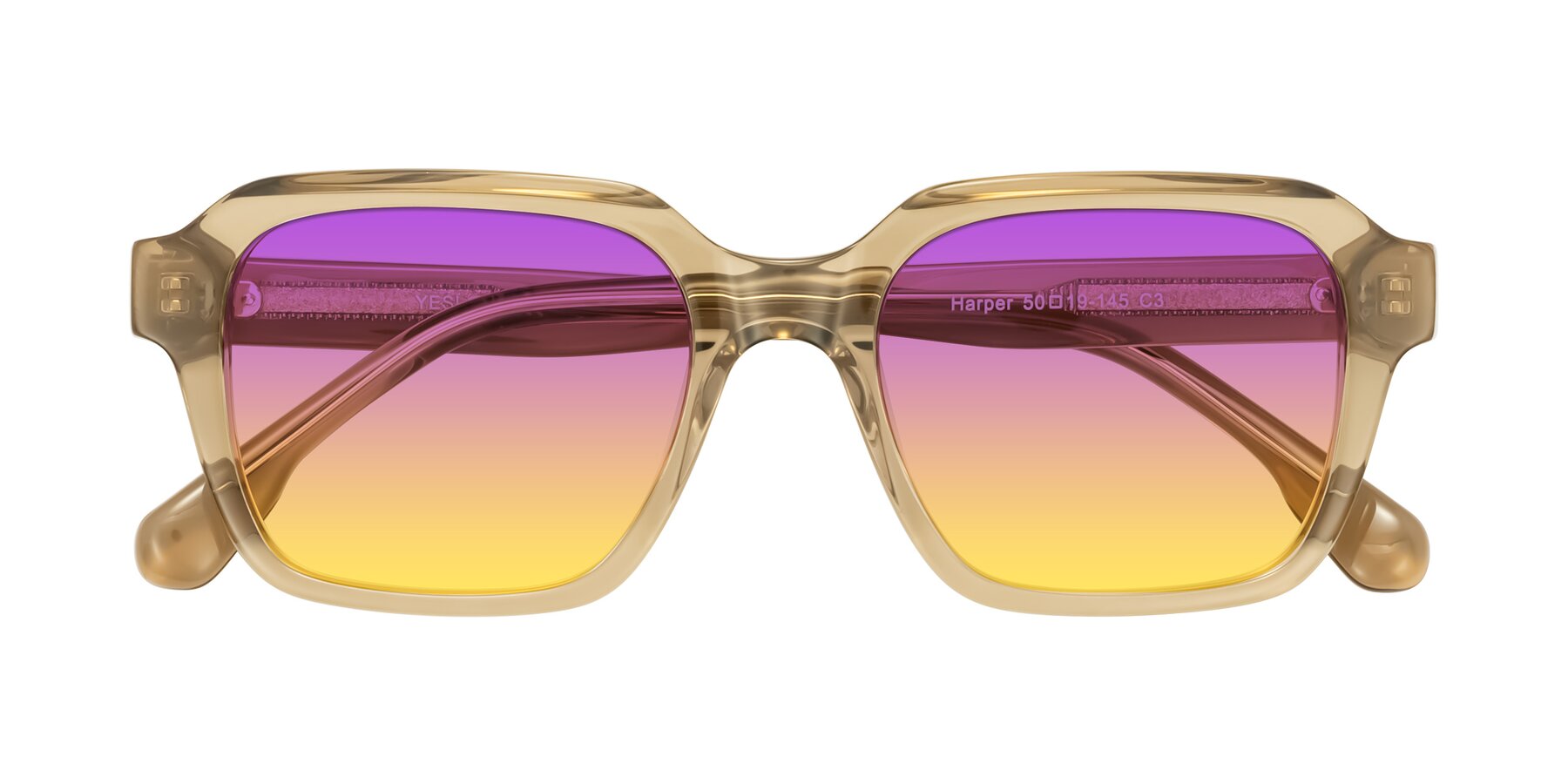 Folded Front of Harper in Champagne with Purple / Yellow Gradient Lenses
