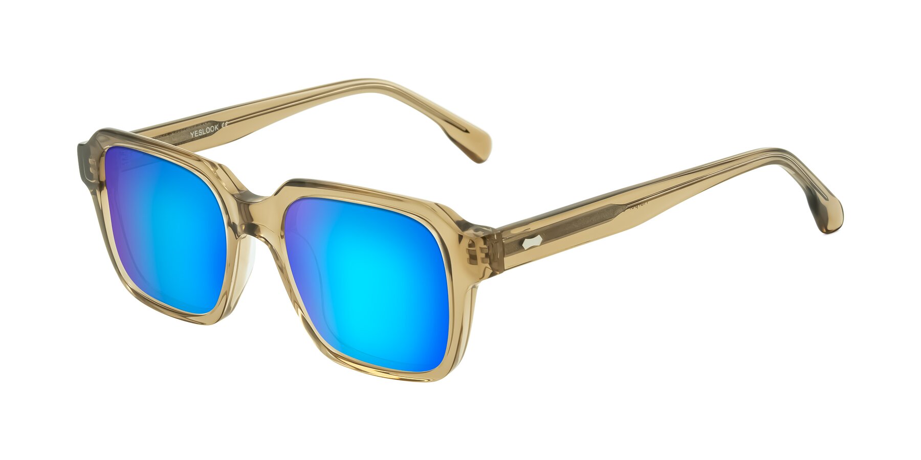 Angle of Harper in Champagne with Blue Mirrored Lenses