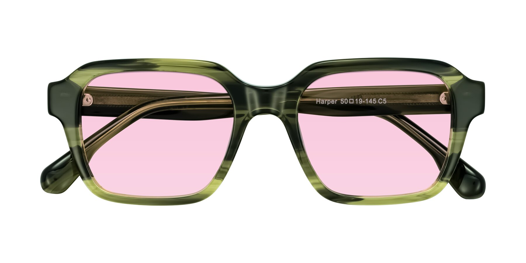 Folded Front of Harper in Green Striped with Light Pink Tinted Lenses