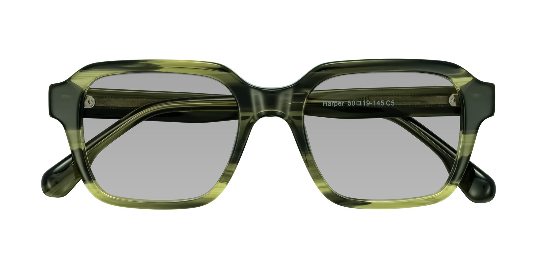 Folded Front of Harper in Green Striped with Light Gray Tinted Lenses