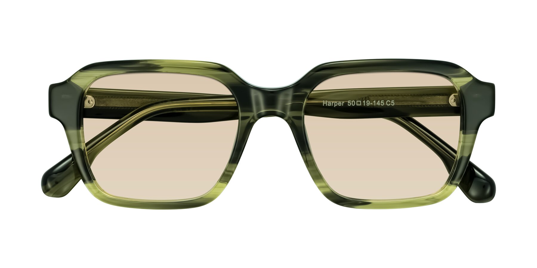 Folded Front of Harper in Green Striped with Light Brown Tinted Lenses