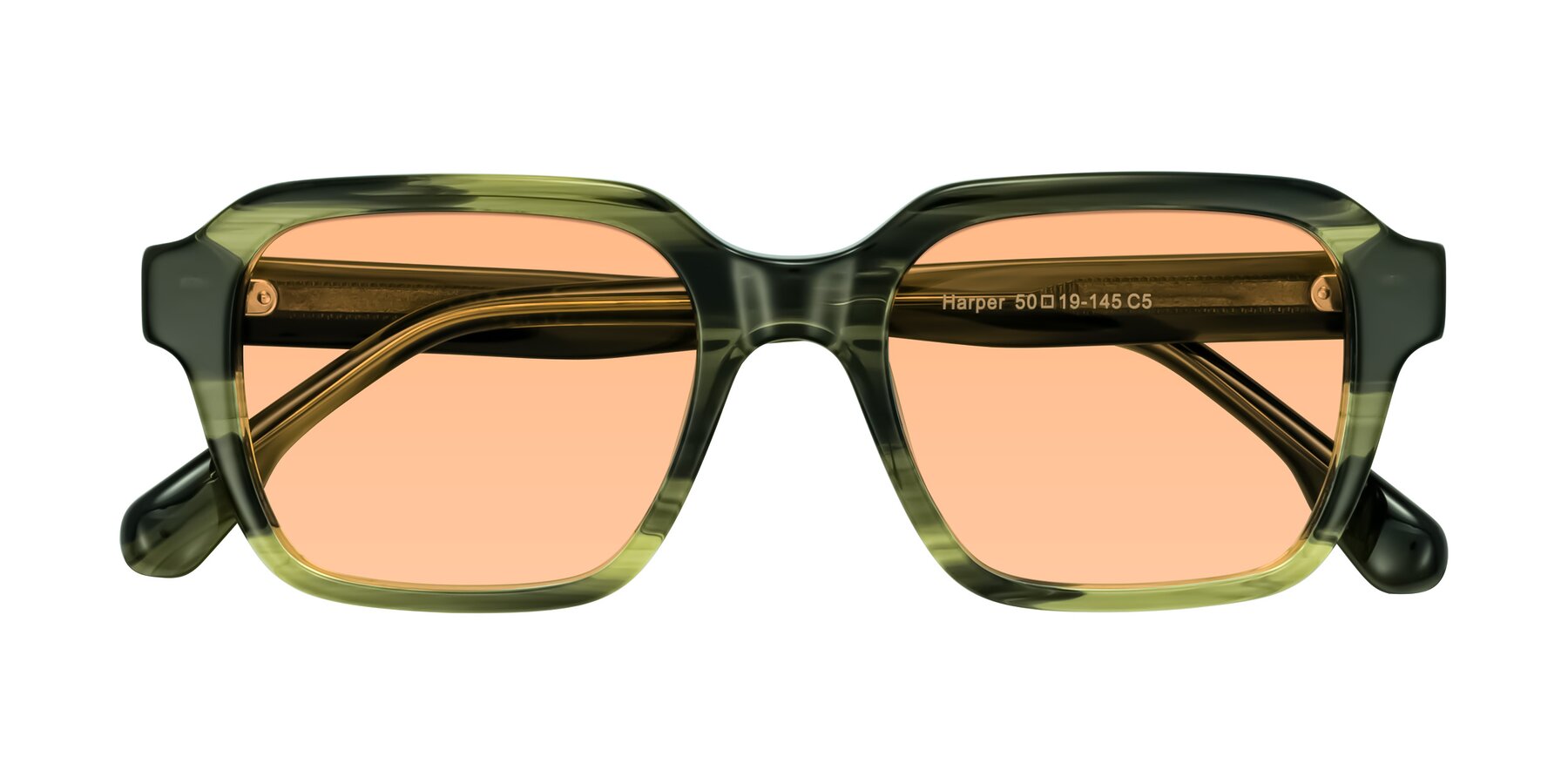 Folded Front of Harper in Green Striped with Light Orange Tinted Lenses