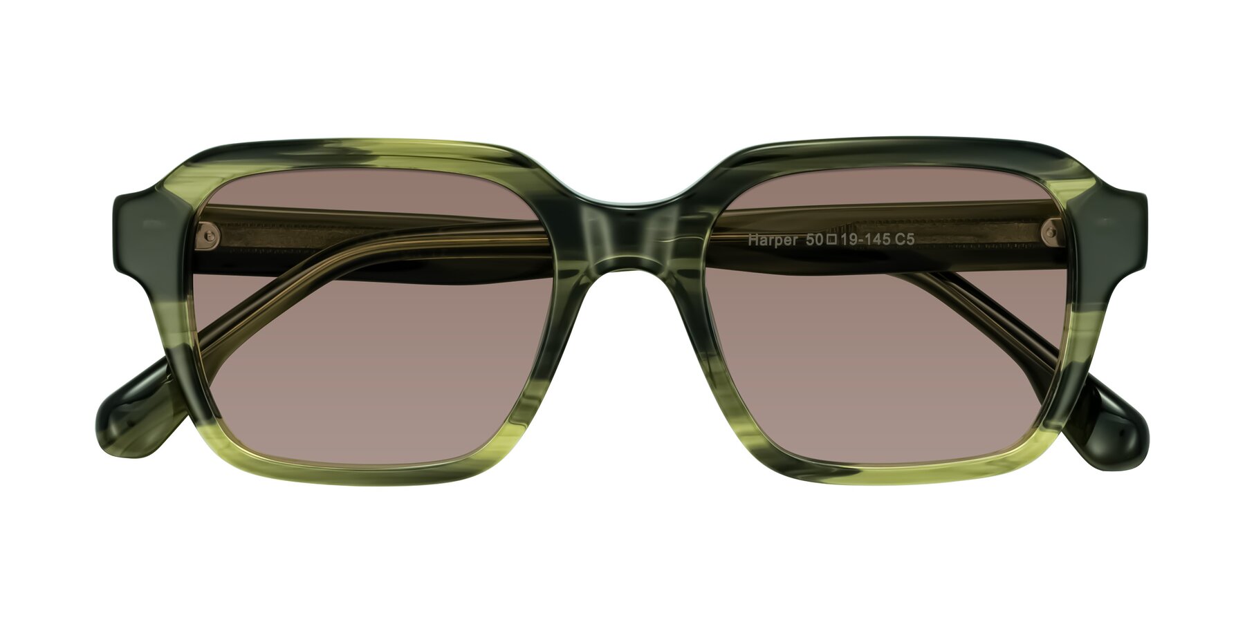 Folded Front of Harper in Green Striped with Medium Brown Tinted Lenses