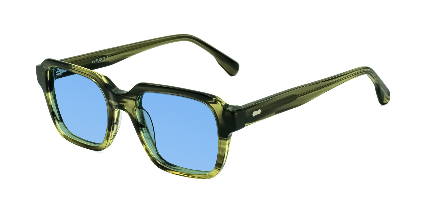 Angle of Harper in Green Striped with Medium Blue Tinted Lenses