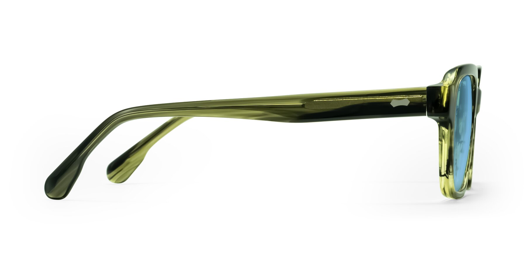 Side of Harper in Green Striped with Medium Blue Tinted Lenses