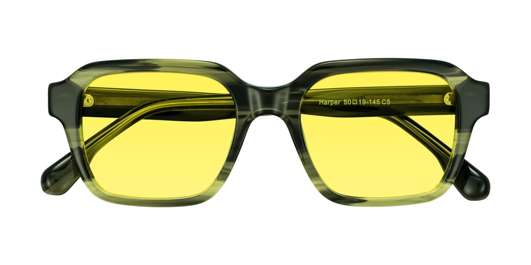 Folded Front of Harper in Green Striped with Medium Yellow Tinted Lenses