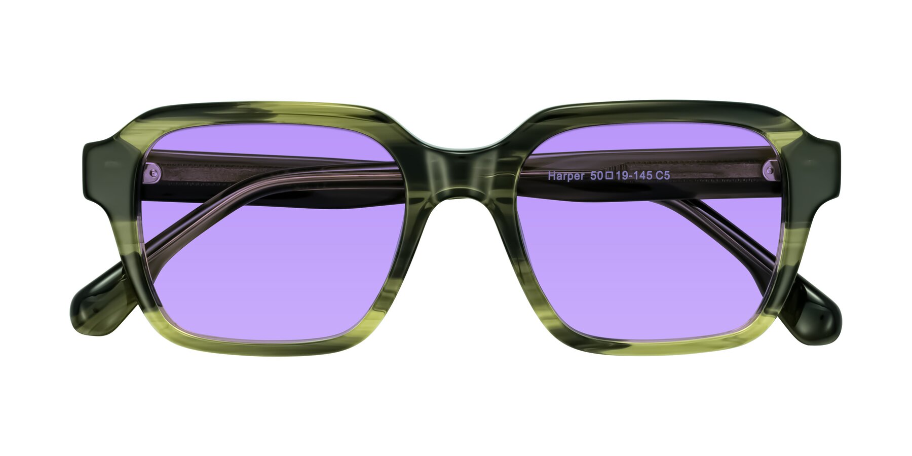 Folded Front of Harper in Green Striped with Medium Purple Tinted Lenses