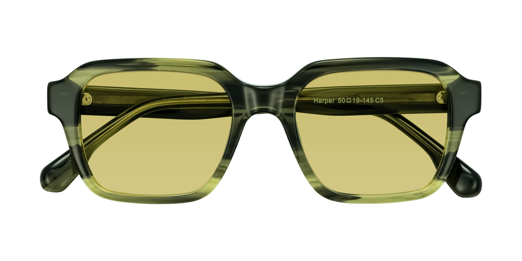 Folded Front of Harper in Green Striped with Medium Champagne Tinted Lenses