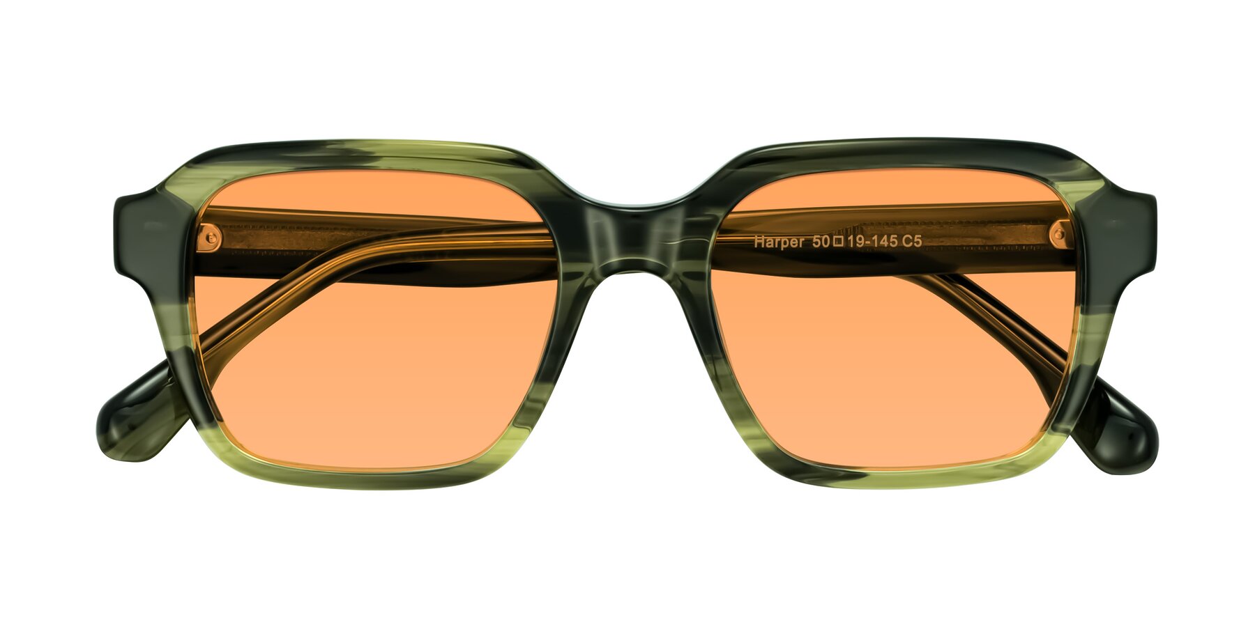 Folded Front of Harper in Green Striped with Medium Orange Tinted Lenses