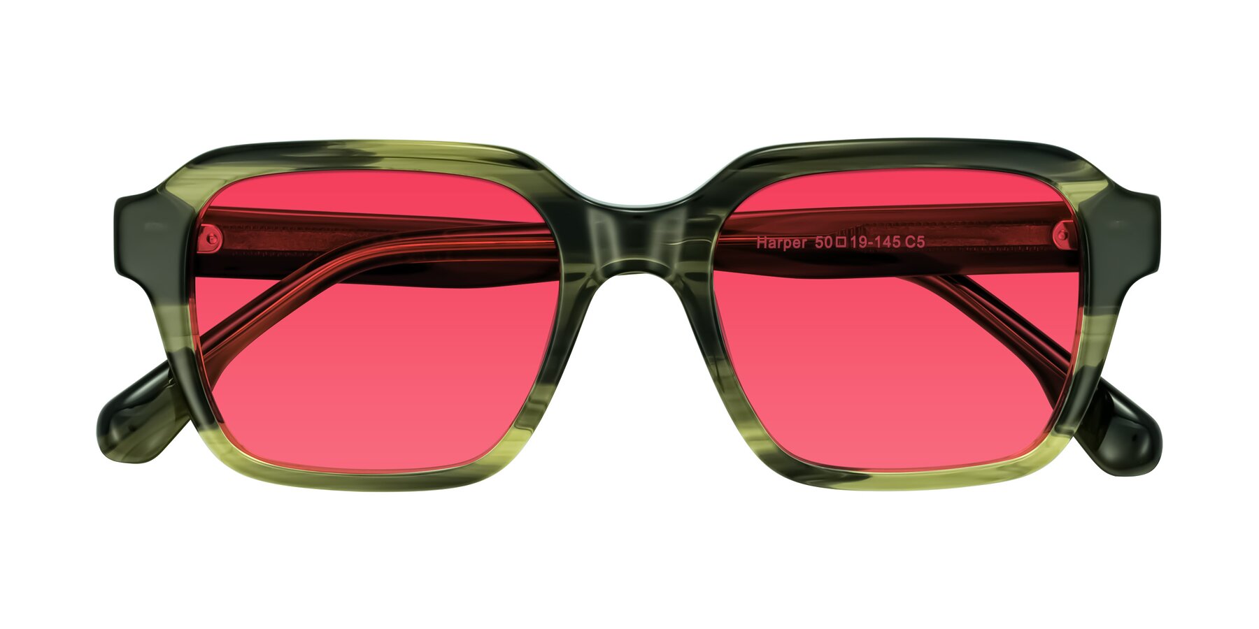 Folded Front of Harper in Green Striped with Red Tinted Lenses