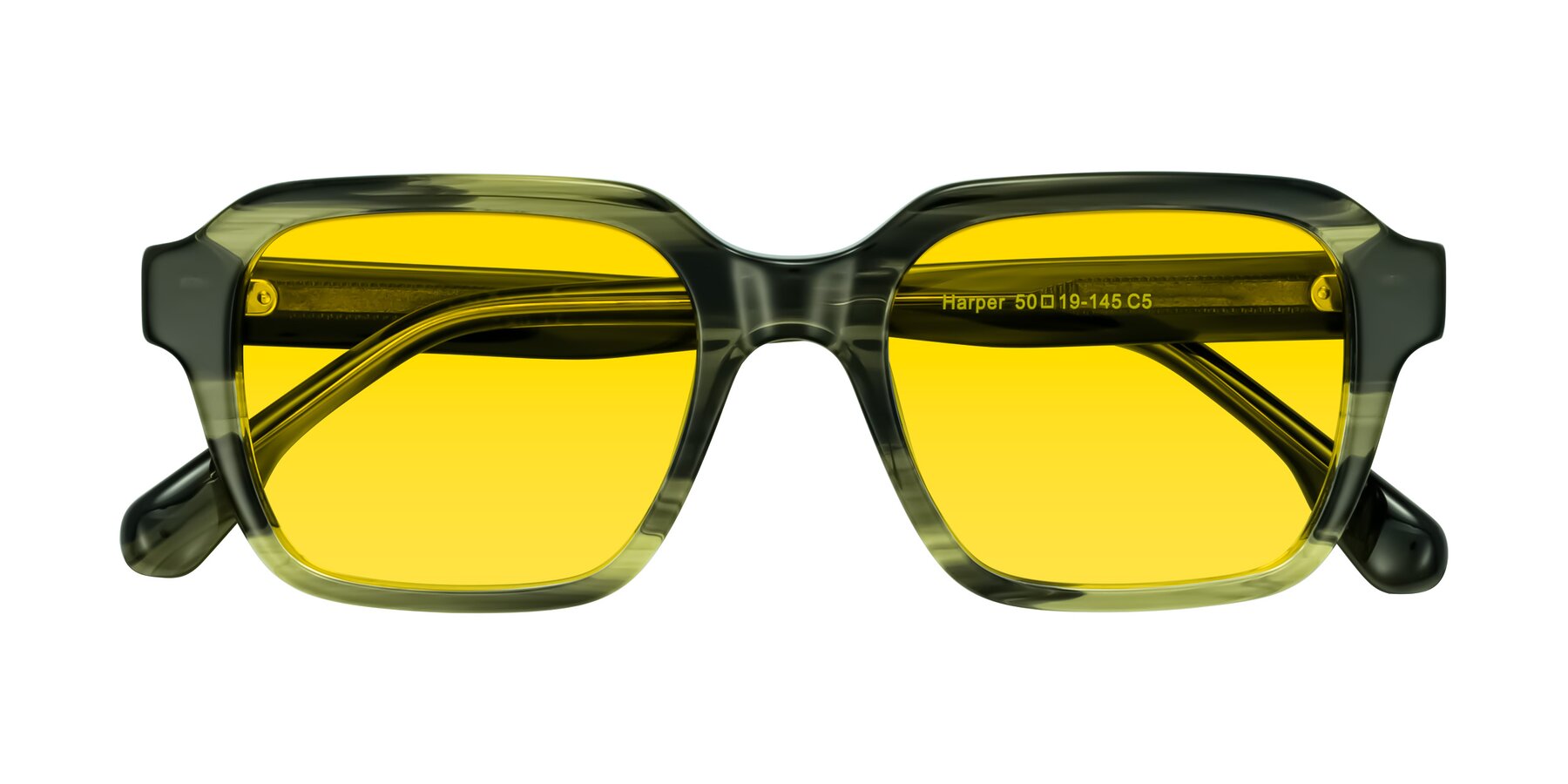 Folded Front of Harper in Green Striped with Yellow Tinted Lenses