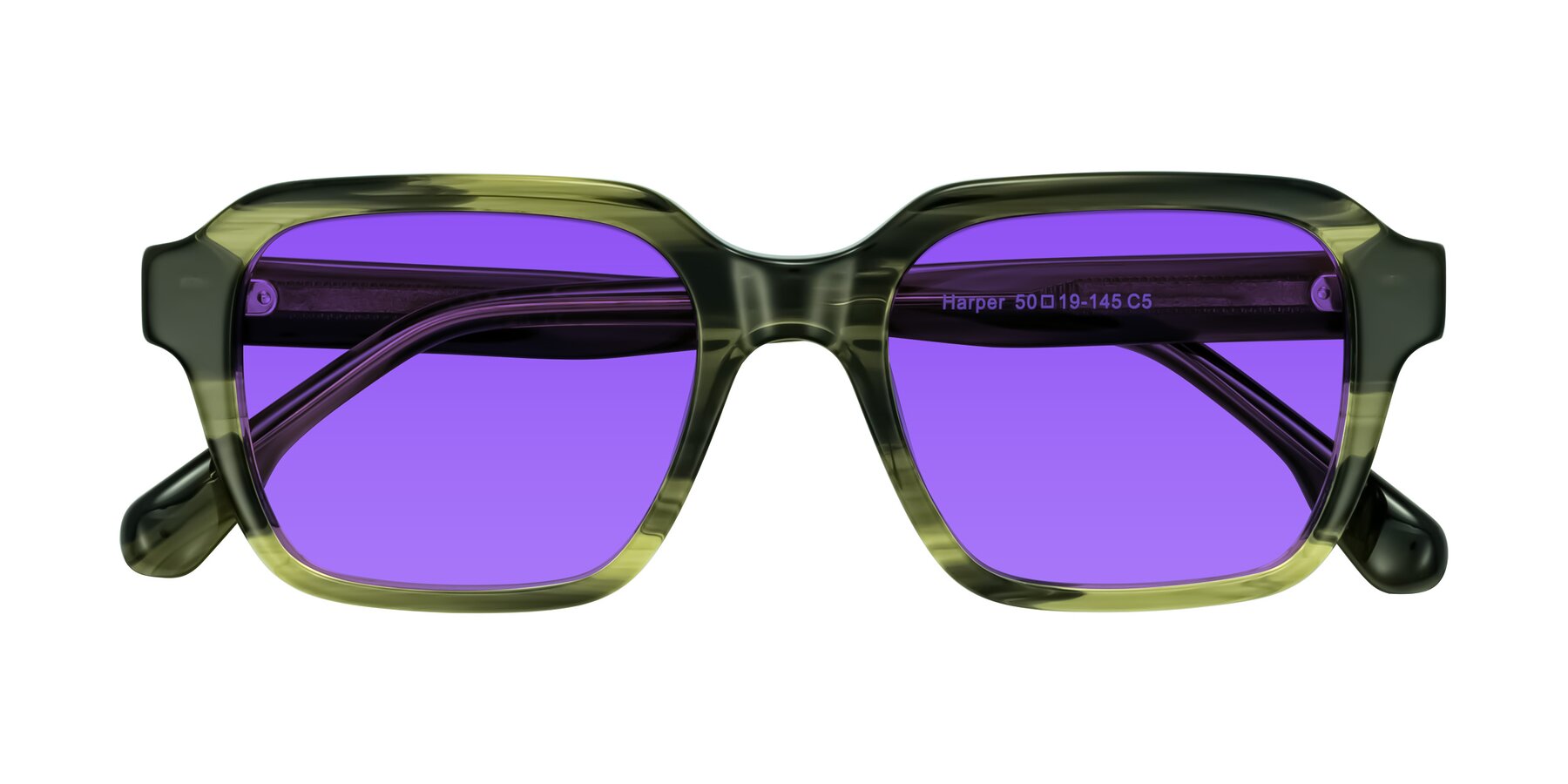 Folded Front of Harper in Green Striped with Purple Tinted Lenses