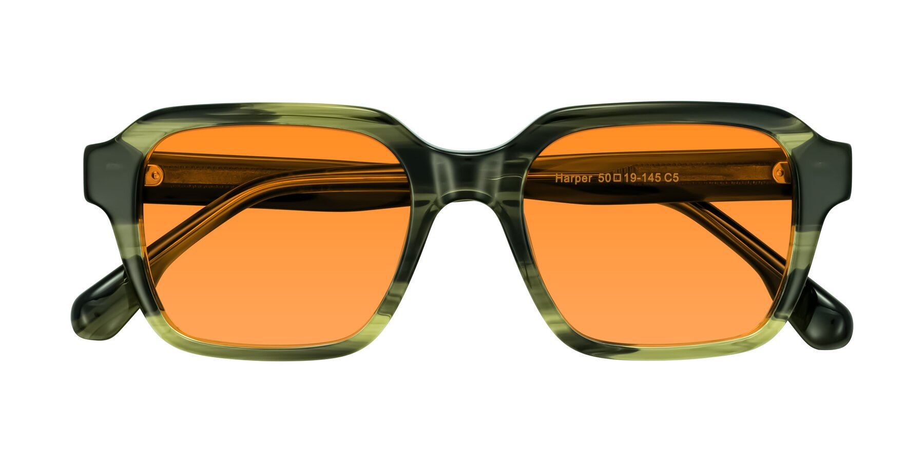 Folded Front of Harper in Green Striped with Orange Tinted Lenses