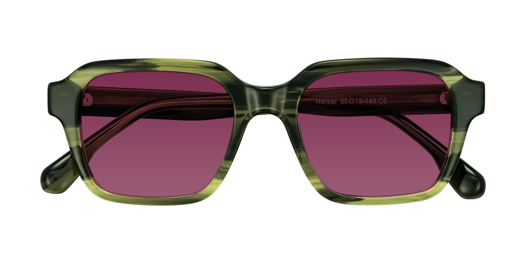Folded Front of Harper in Green Striped with Wine Tinted Lenses