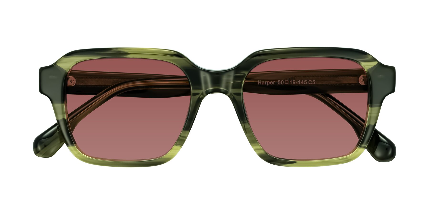 Folded Front of Harper in Green Striped with Garnet Tinted Lenses