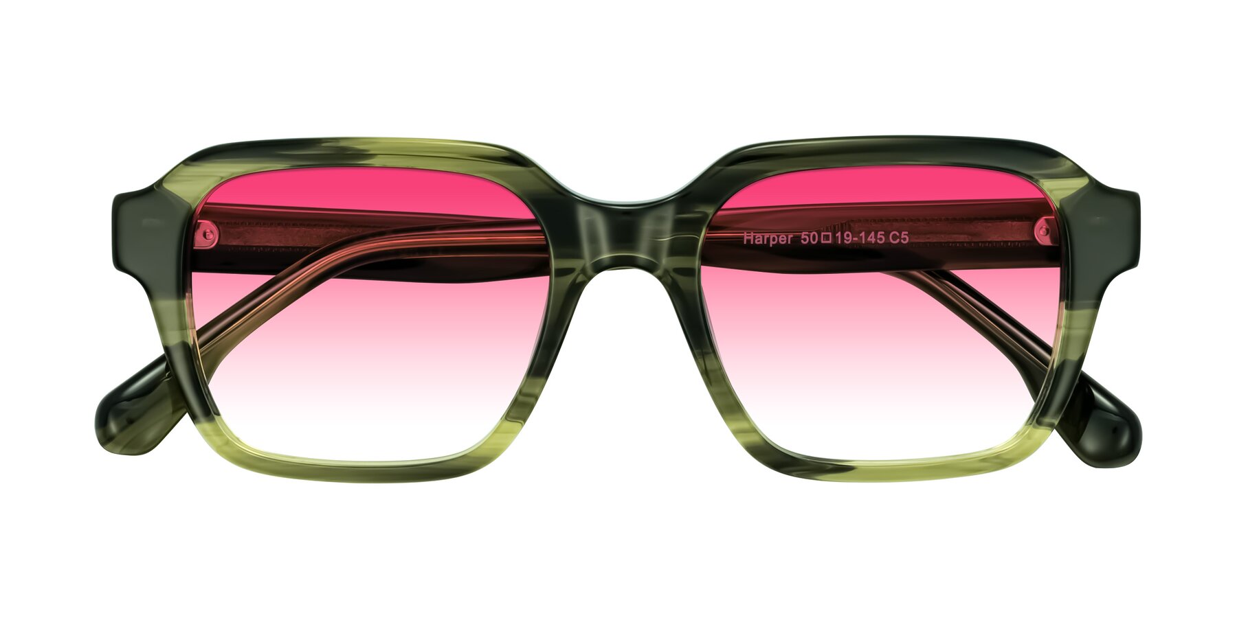 Folded Front of Harper in Green Striped with Pink Gradient Lenses