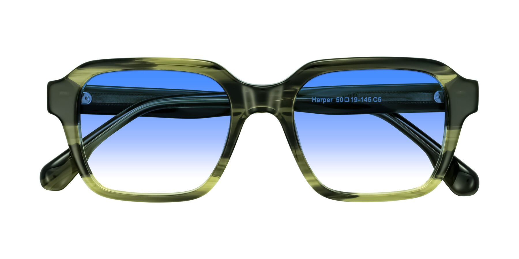 Folded Front of Harper in Green Striped with Blue Gradient Lenses