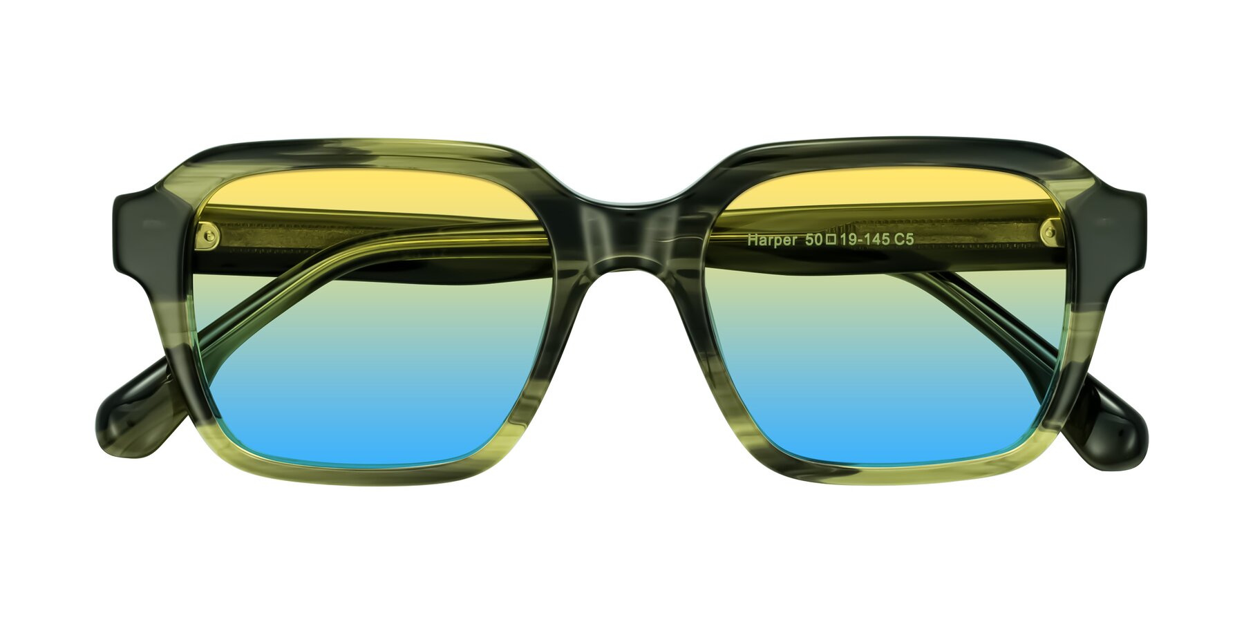 Folded Front of Harper in Green Striped with Yellow / Blue Gradient Lenses