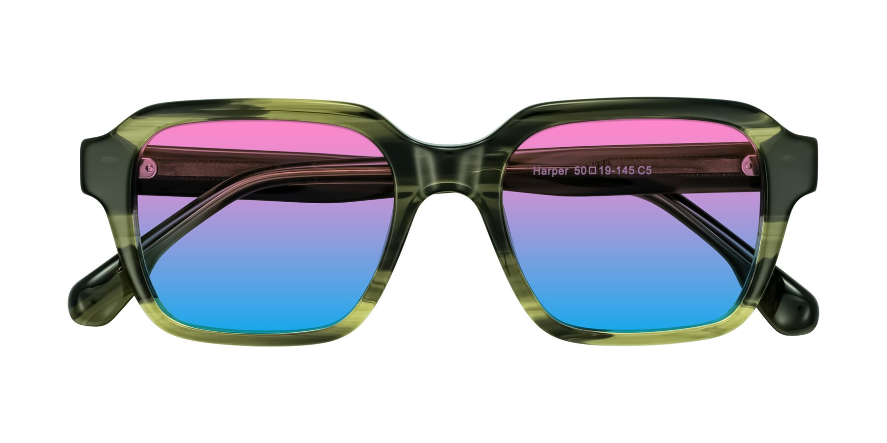 Folded Front of Harper in Green Striped with Pink / Blue Gradient Lenses