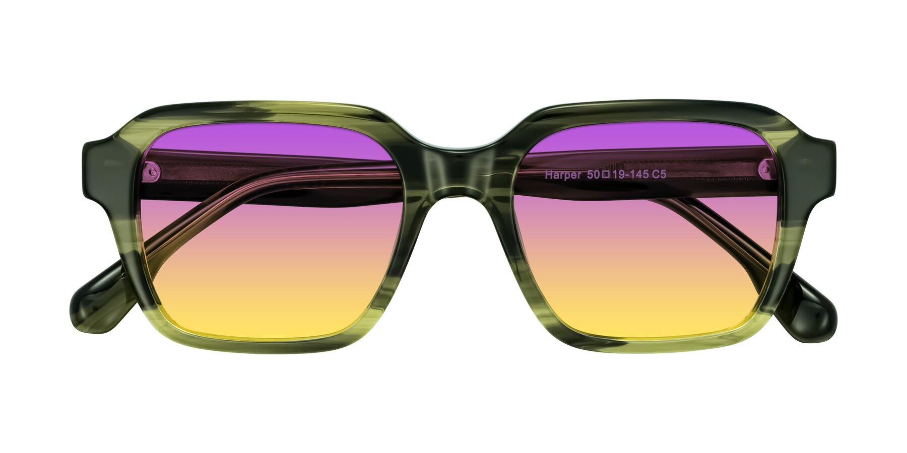 Folded Front of Harper in Green Striped with Purple / Yellow Gradient Lenses