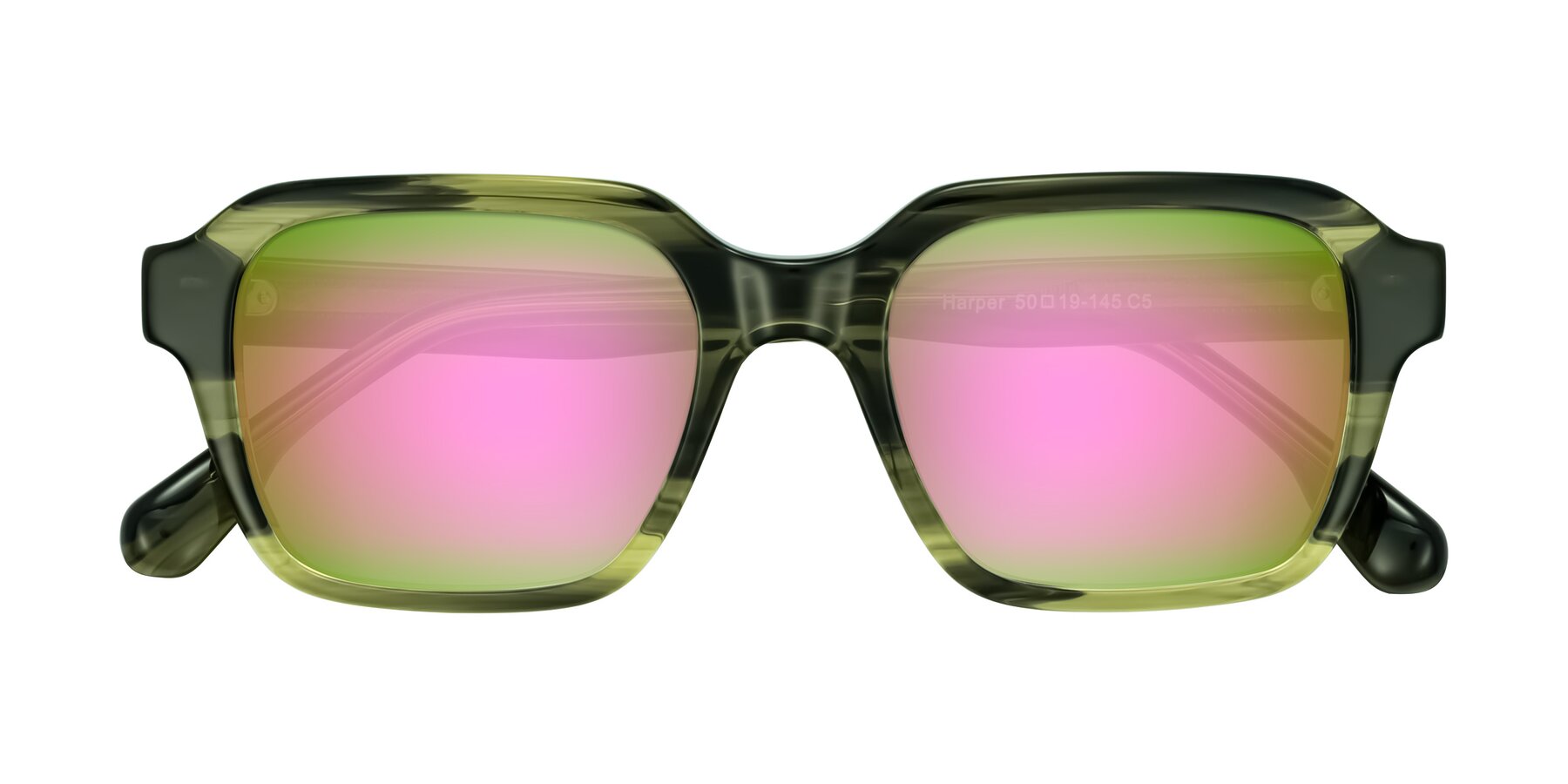 Folded Front of Harper in Green Striped with Pink Mirrored Lenses
