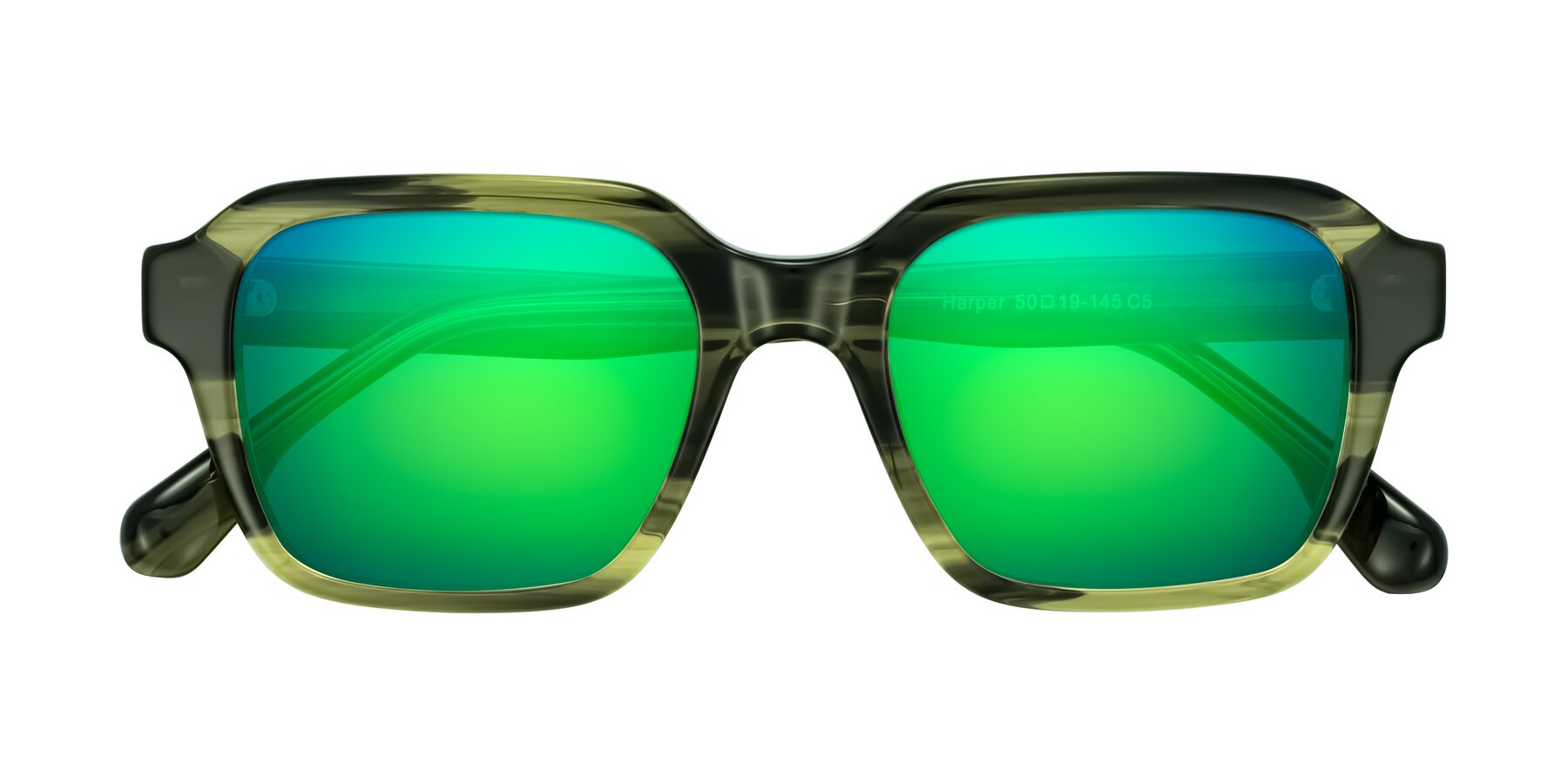 Folded Front of Harper in Green Striped with Green Mirrored Lenses