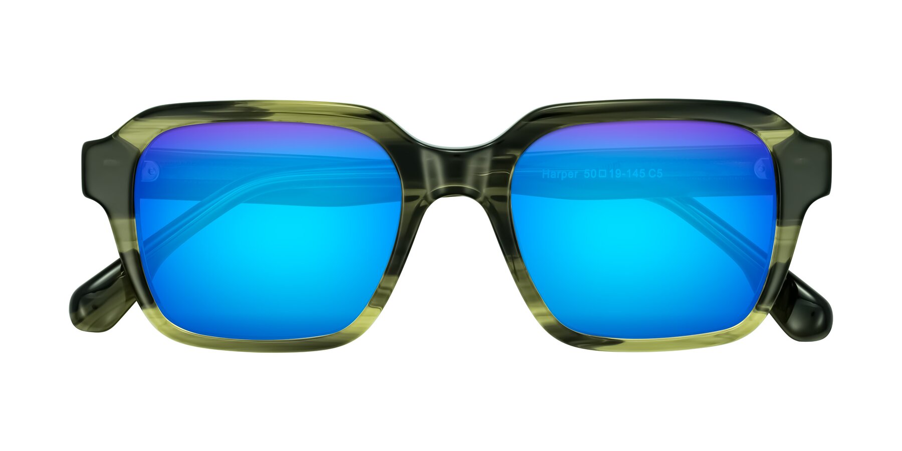 Folded Front of Harper in Green Striped with Blue Mirrored Lenses