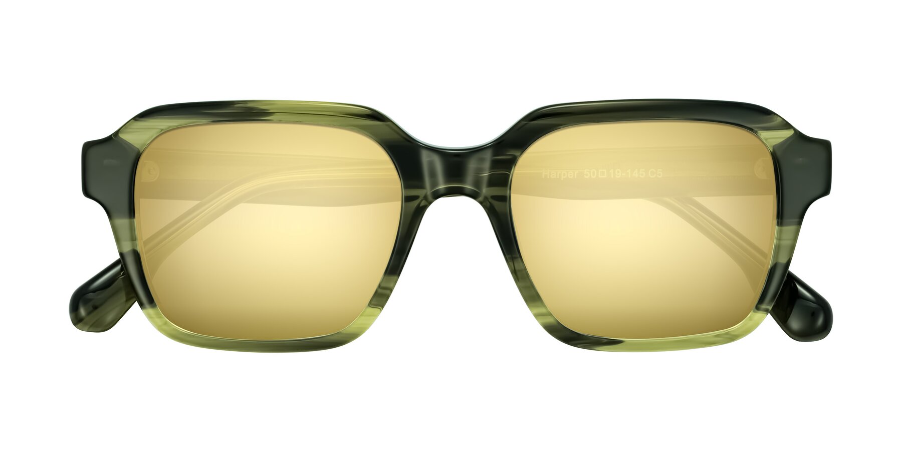 Folded Front of Harper in Green Striped with Gold Mirrored Lenses