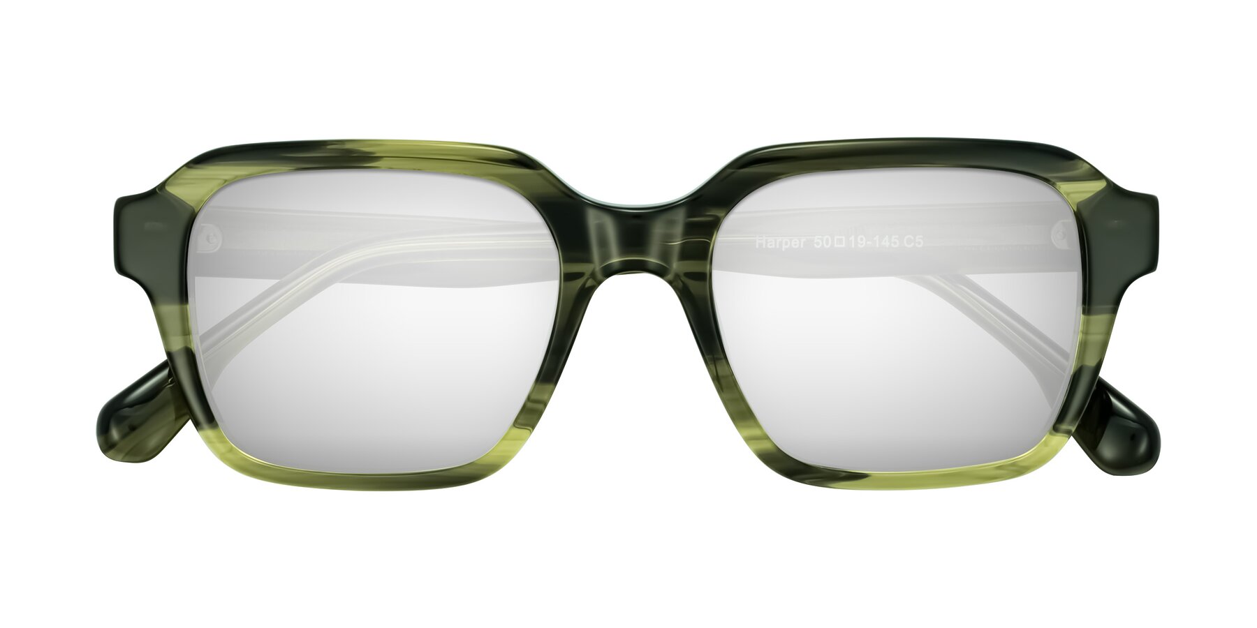 Folded Front of Harper in Green Striped with Silver Mirrored Lenses