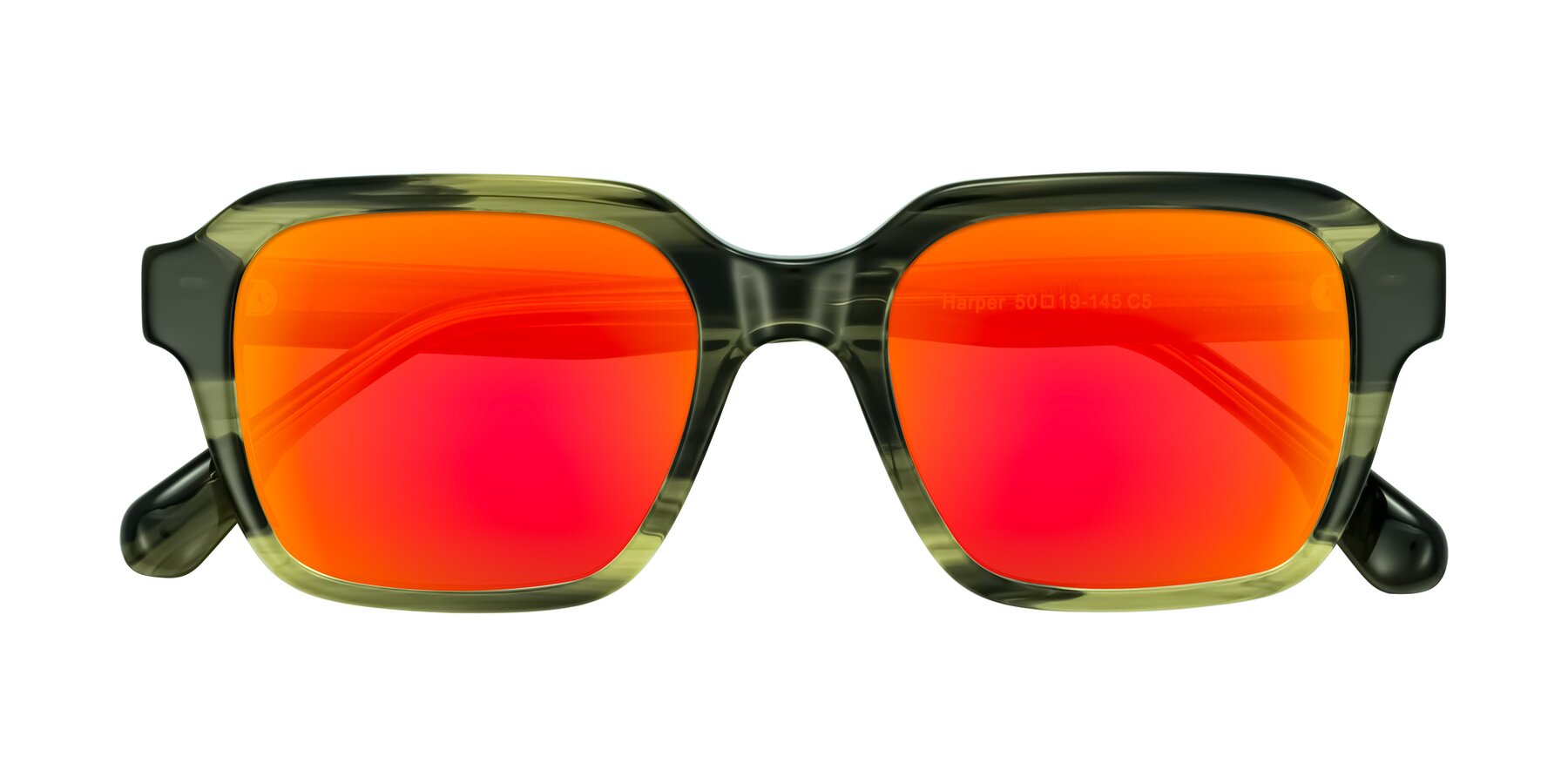 Folded Front of Harper in Green Striped with Red Gold Mirrored Lenses