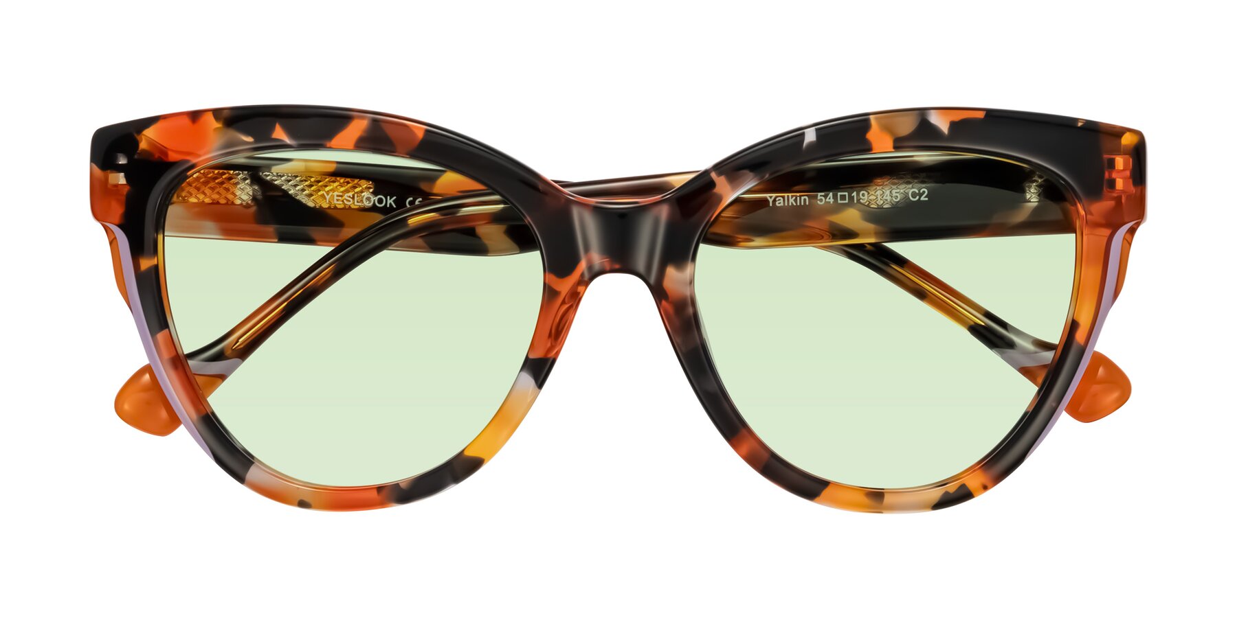 Folded Front of Yalkin in Orange Tortoise with Light Green Tinted Lenses