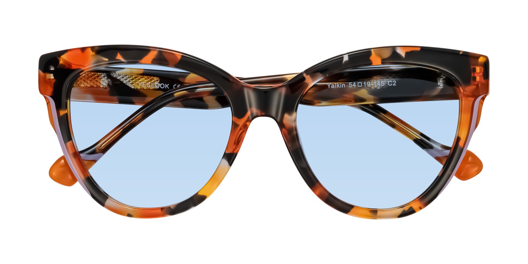 Folded Front of Yalkin in Orange Tortoise with Light Blue Tinted Lenses