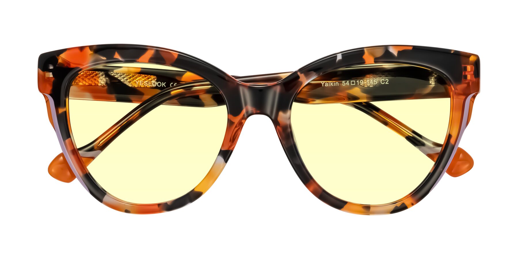 Folded Front of Yalkin in Orange Tortoise with Light Yellow Tinted Lenses