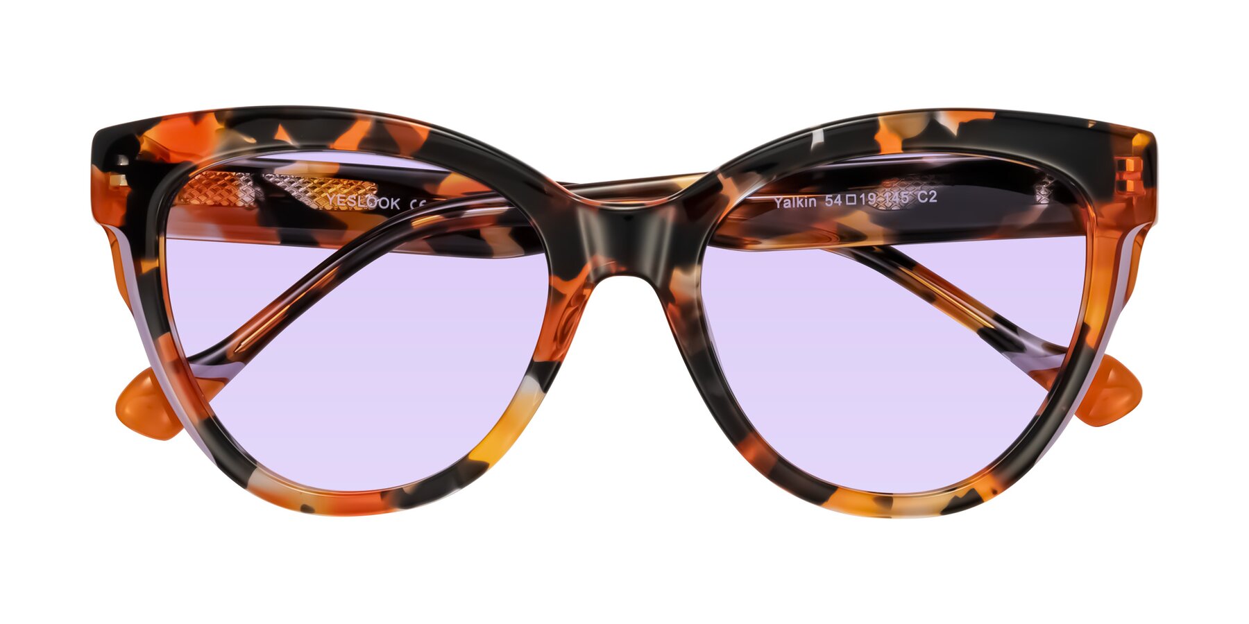 Folded Front of Yalkin in Orange Tortoise with Light Purple Tinted Lenses