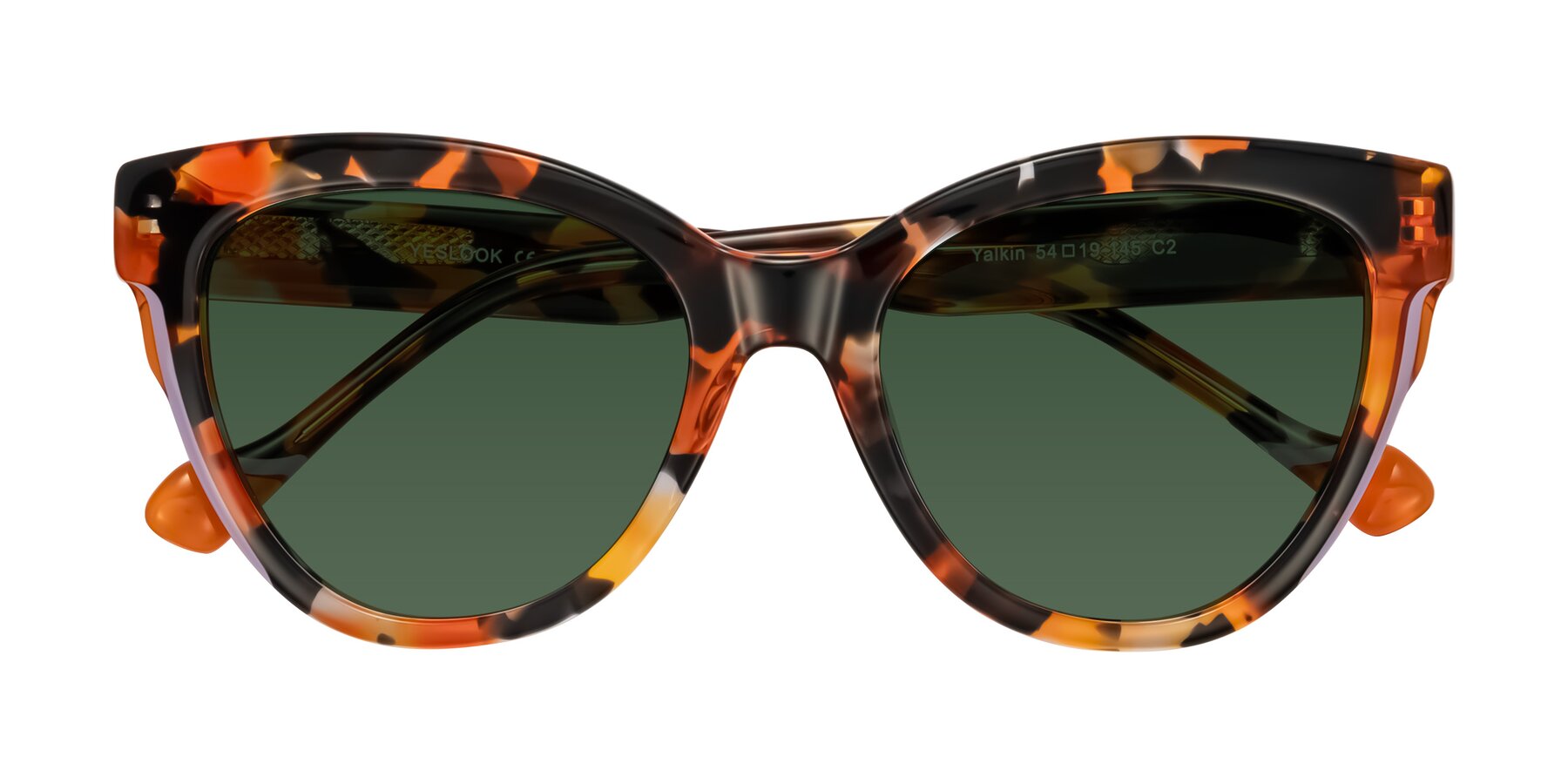 Folded Front of Yalkin in Orange Tortoise with Green Tinted Lenses