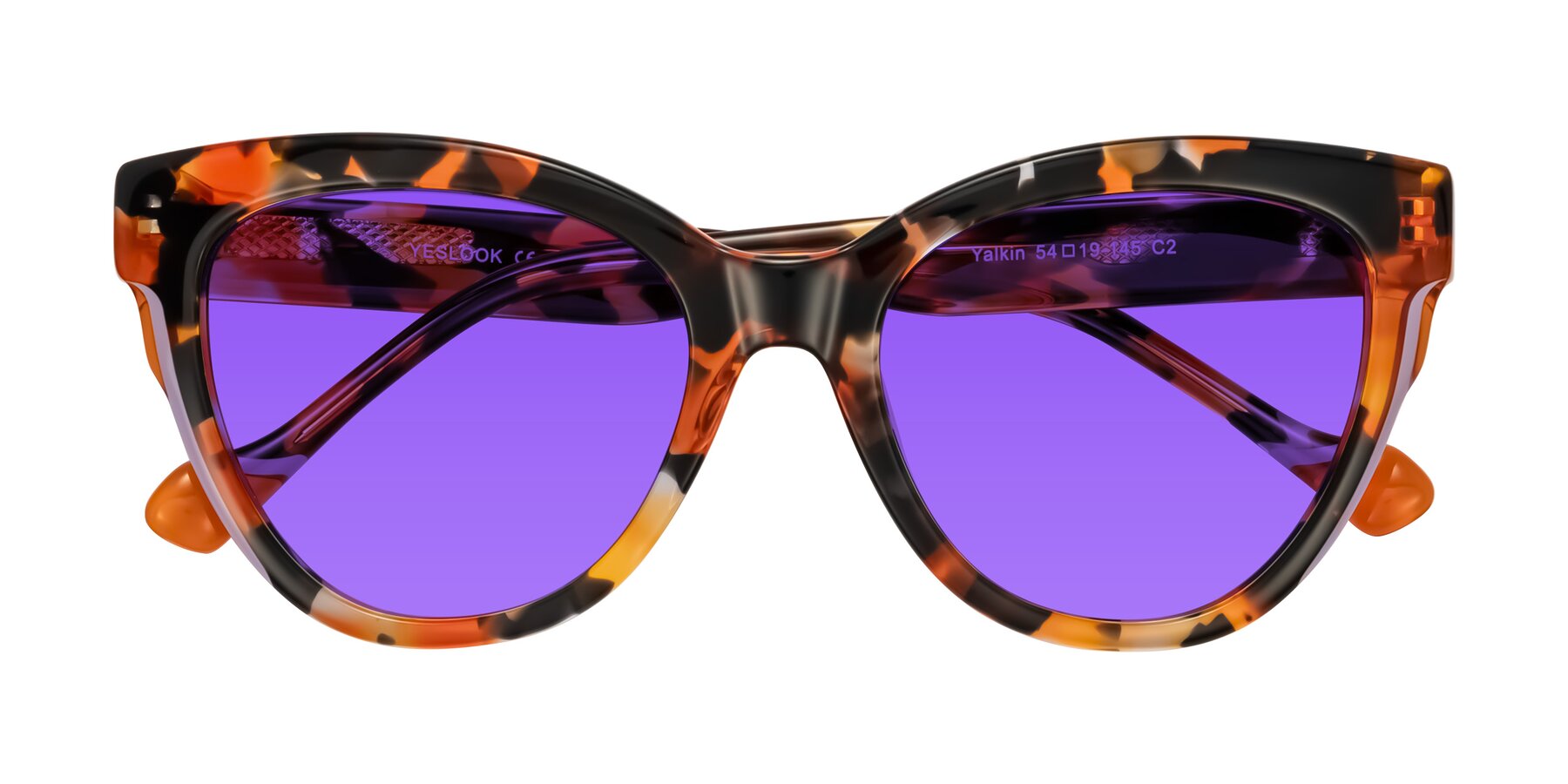Folded Front of Yalkin in Orange Tortoise with Purple Tinted Lenses