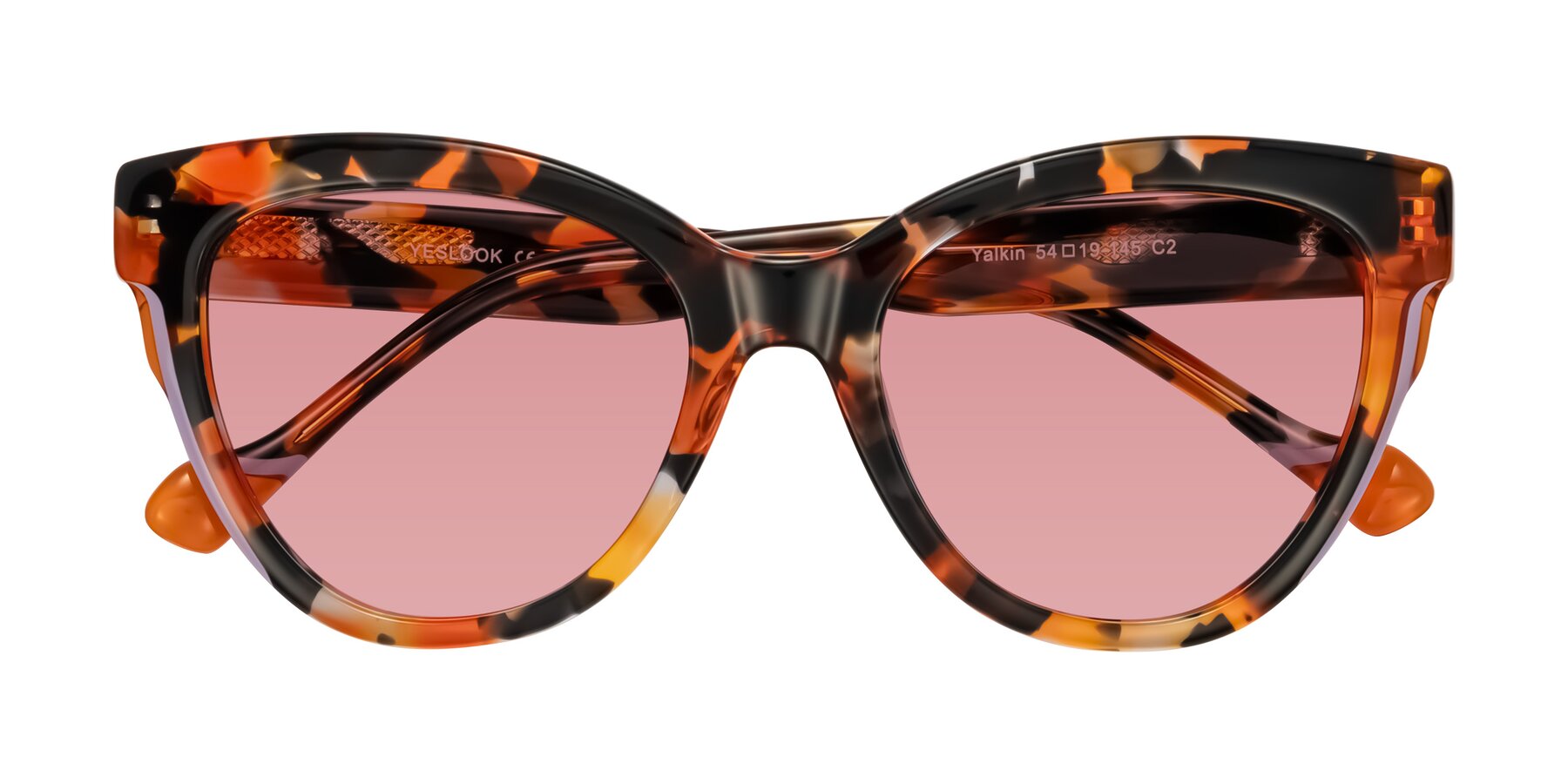 Folded Front of Yalkin in Orange Tortoise with Medium Garnet Tinted Lenses