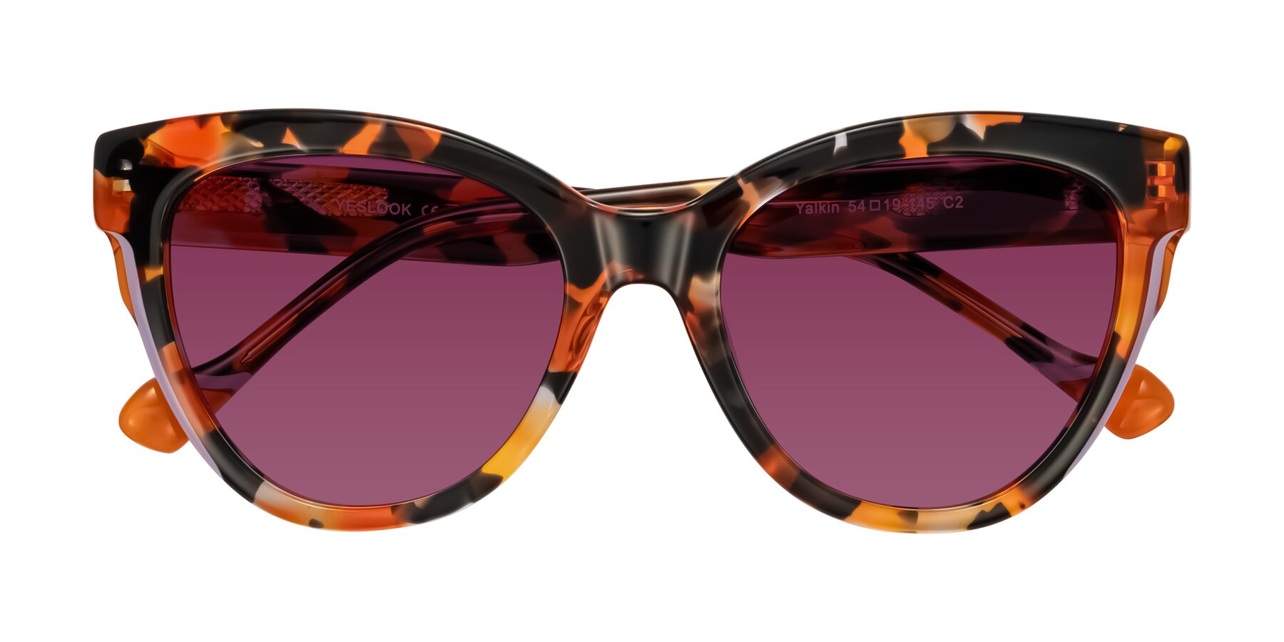 Folded Front of Yalkin in Orange Tortoise with Wine Tinted Lenses