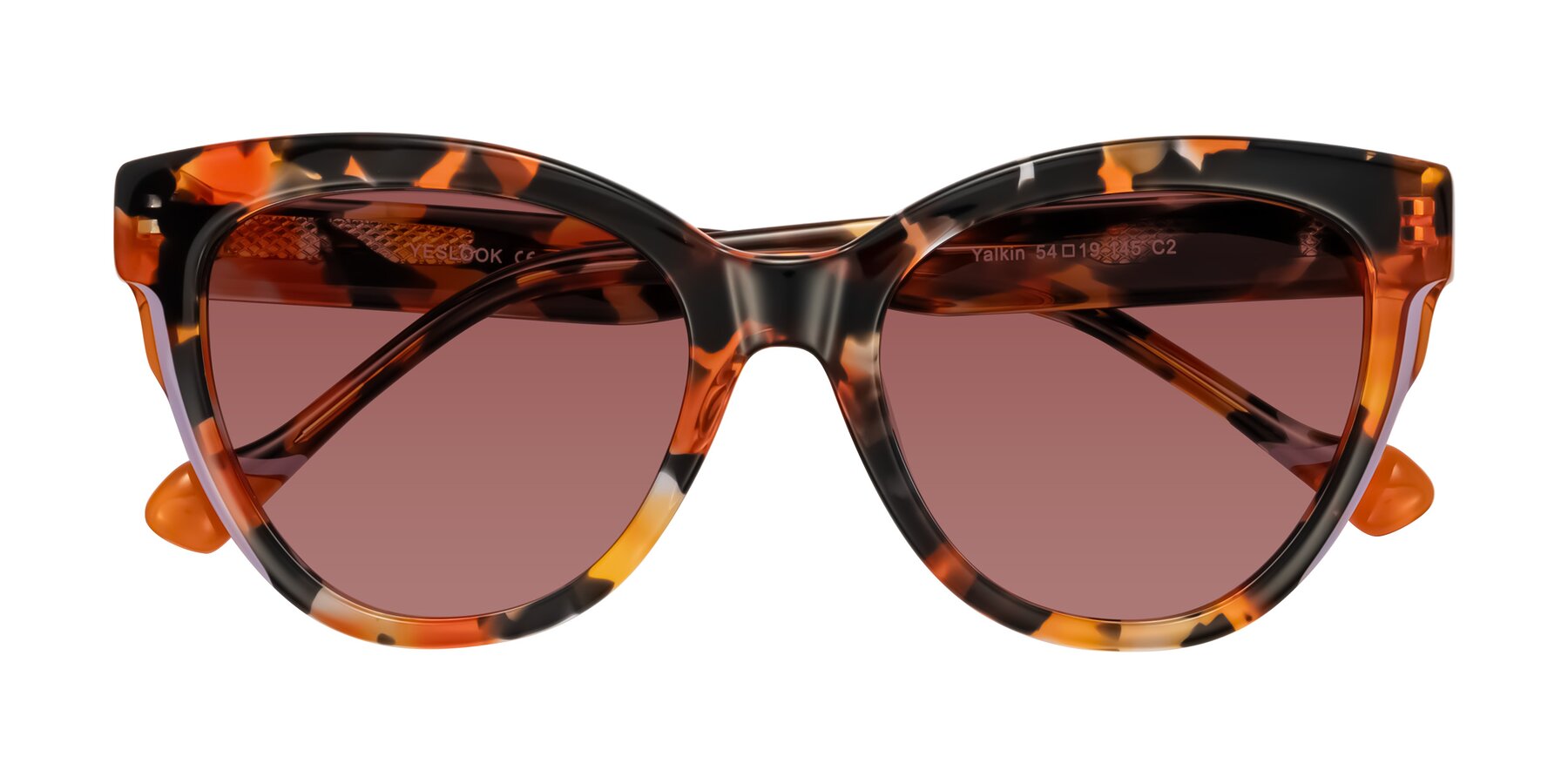 Folded Front of Yalkin in Orange Tortoise with Garnet Tinted Lenses