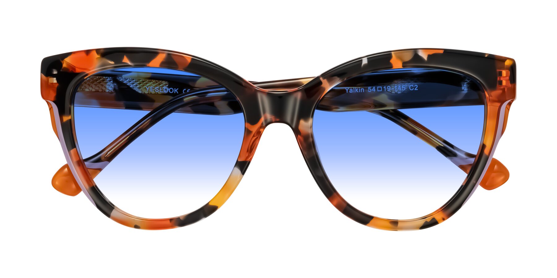 Folded Front of Yalkin in Orange Tortoise with Blue Gradient Lenses