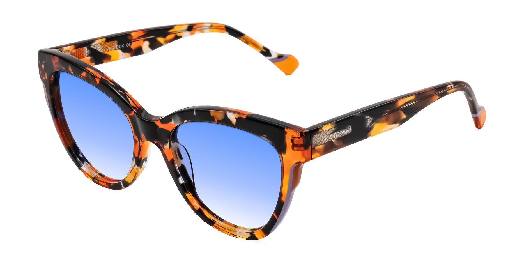 Angle of Yalkin in Orange Tortoise with Blue Gradient Lenses