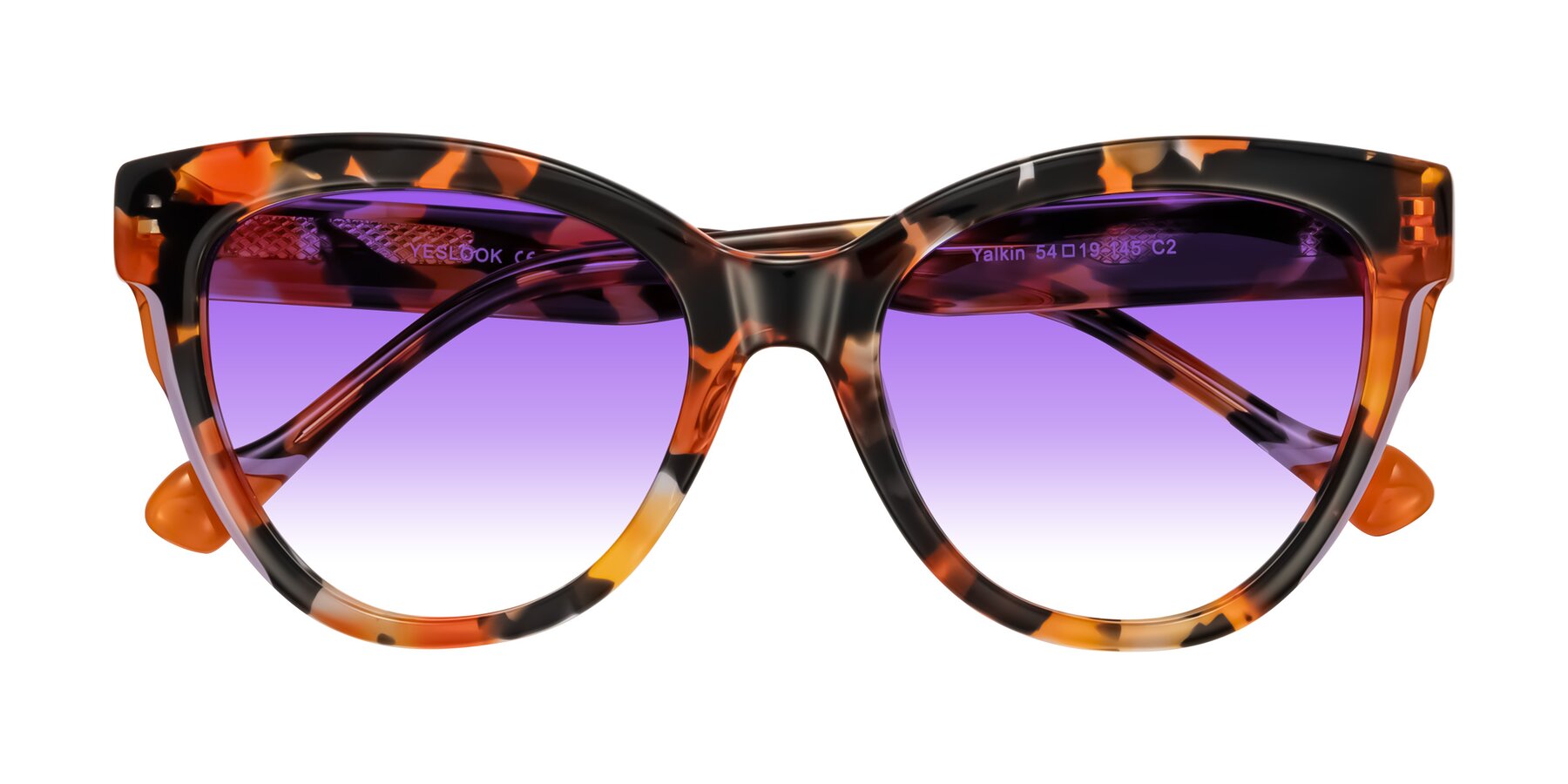 Folded Front of Yalkin in Orange Tortoise with Purple Gradient Lenses