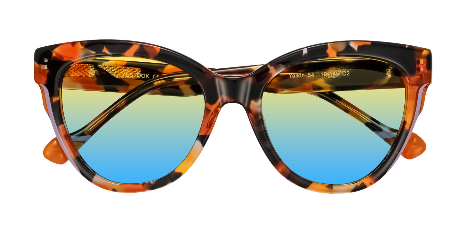 Folded Front of Yalkin in Orange Tortoise with Yellow / Blue Gradient Lenses