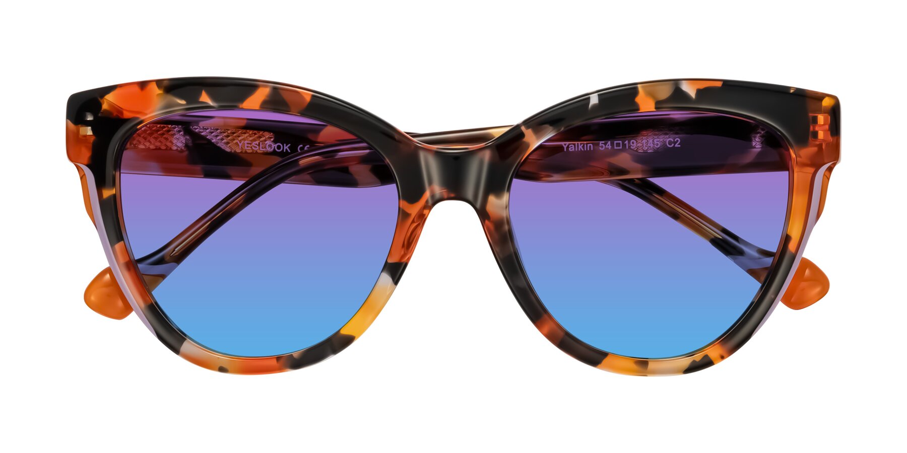 Folded Front of Yalkin in Orange Tortoise with Purple / Blue Gradient Lenses