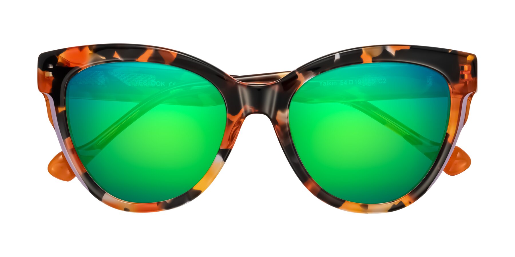 Folded Front of Yalkin in Orange Tortoise with Green Mirrored Lenses