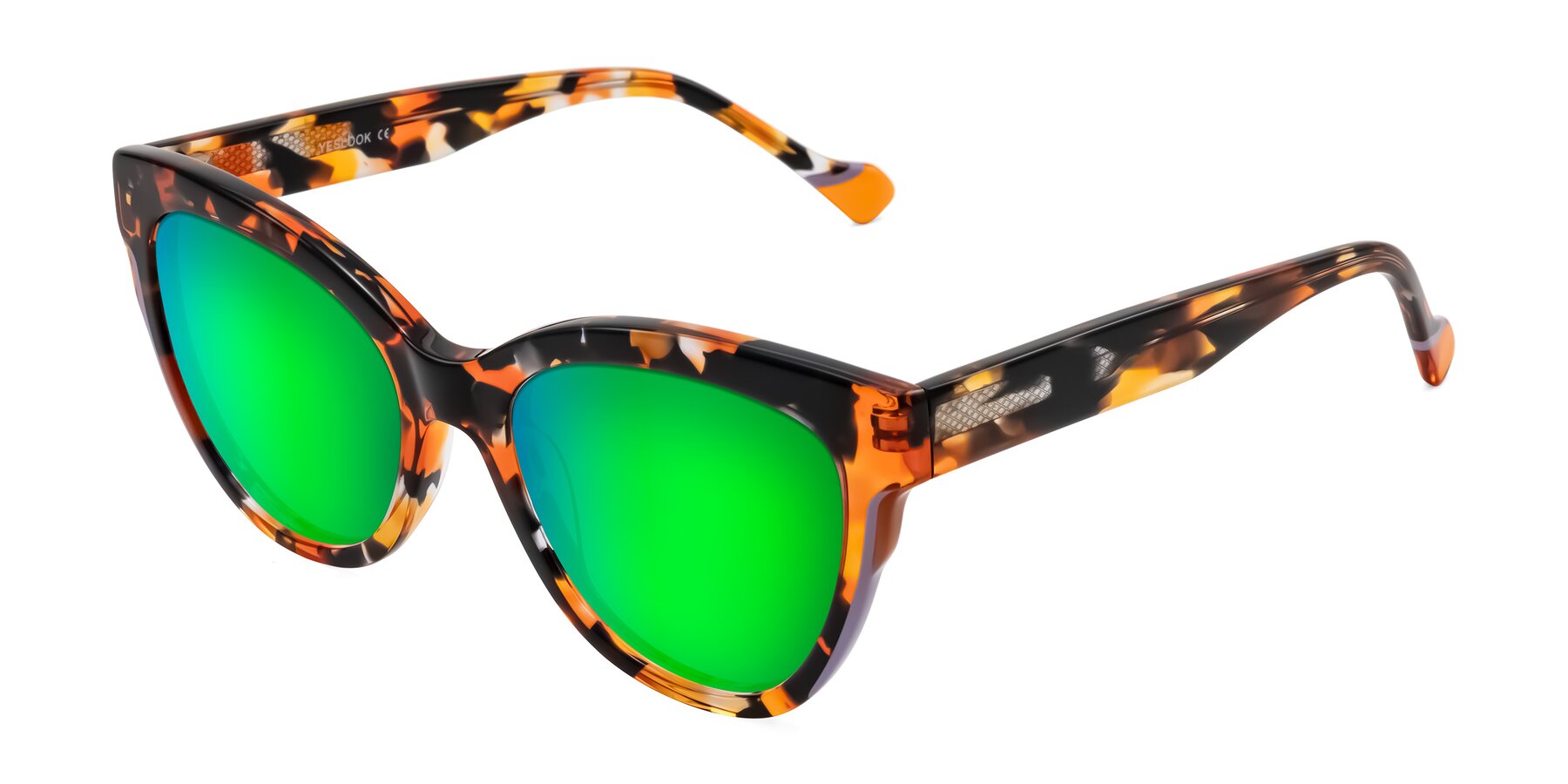 Angle of Yalkin in Orange Tortoise with Green Mirrored Lenses