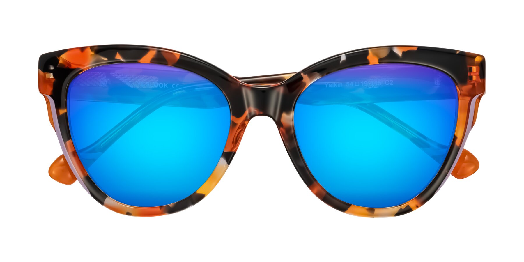 Folded Front of Yalkin in Orange Tortoise with Blue Mirrored Lenses